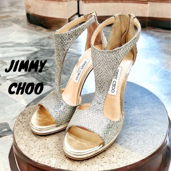 JIMMY CHOO SPARKLY GLITTERY T STRAP PEEP TOE HIGH HEEL STILETTO SHOES SIZE 37.5 - Picture 1 of 7